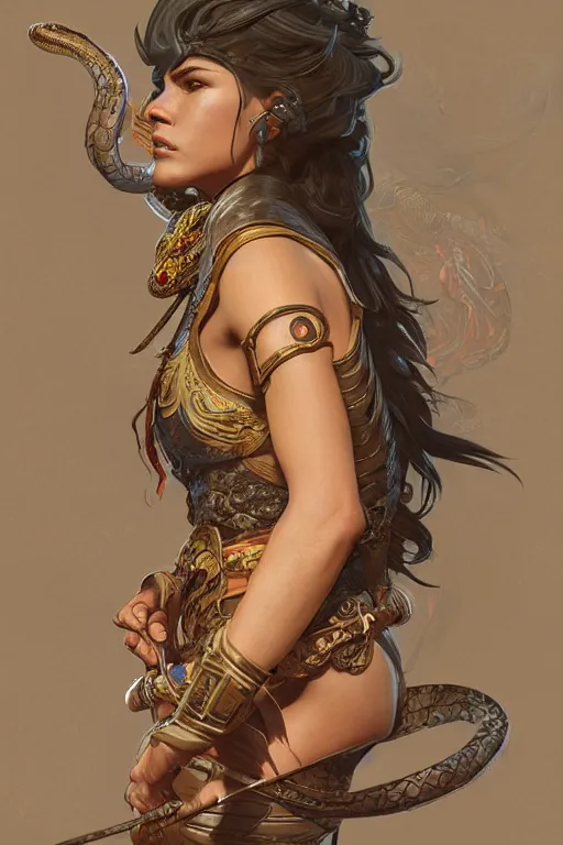 Image similar to a anthropomorphic snake warrior, D&D, fantasy, intricate, highly detailed, digital painting, artstation, concept art, smooth, sharp focus, illustration, art by artgerm and greg rutkowski and alphonse mucha