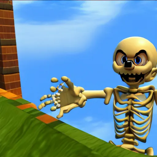 Image similar to A skeleton in the game Super Mario 64, unreal engine, highly detailed