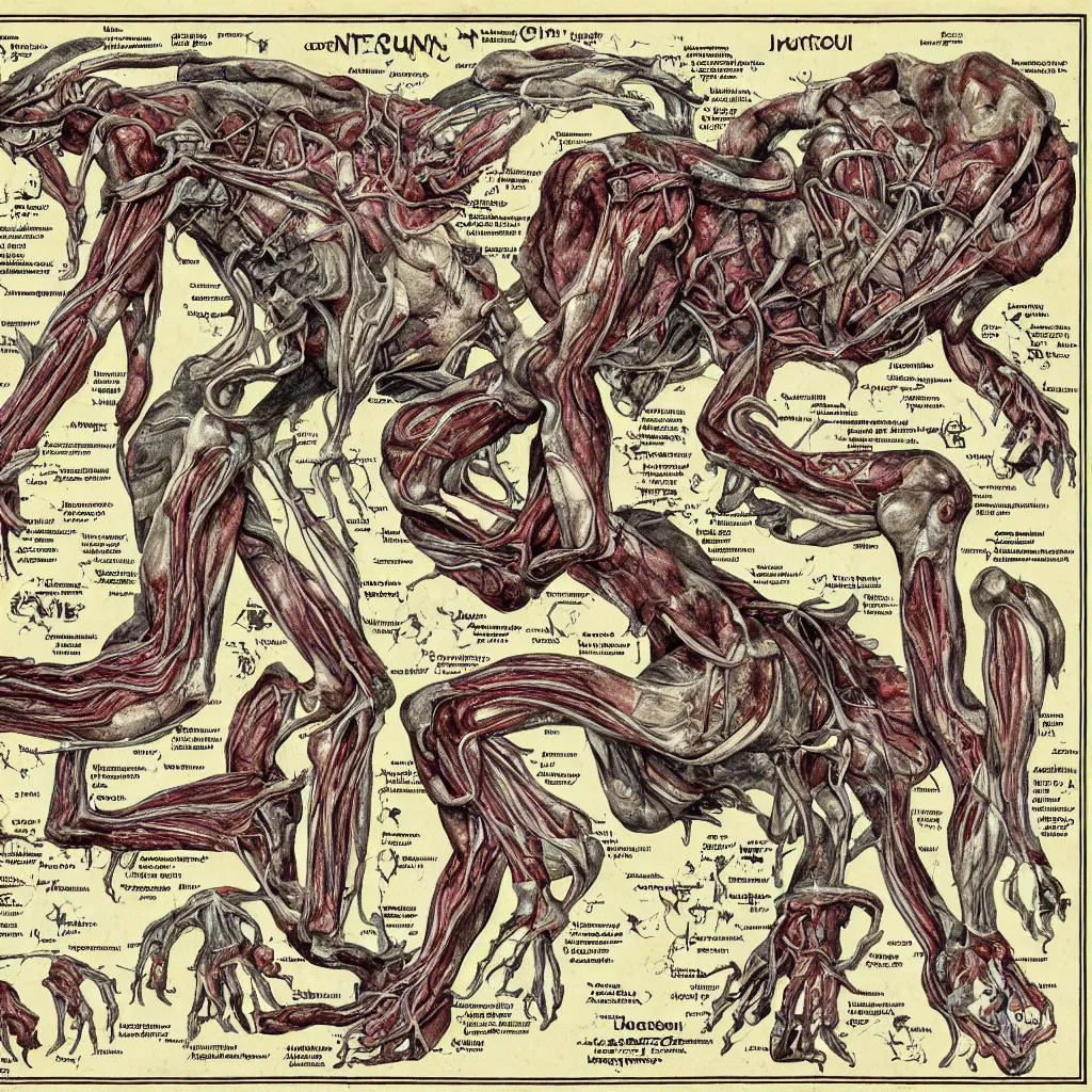 Image similar to creature informative map, chtulhu anatomy, flesh, bones and organs visible, highly detailed, d & d style