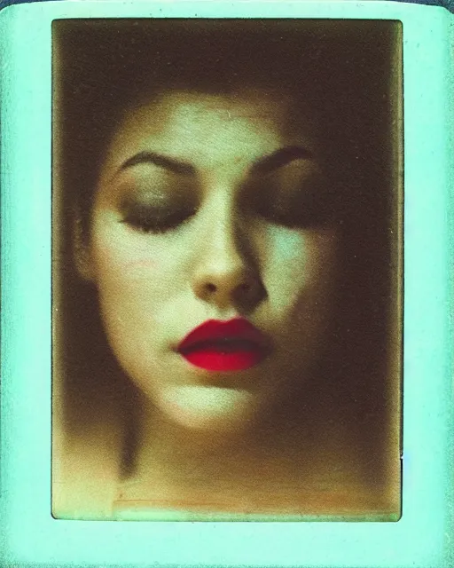 Prompt: a woman's face peaking above the water, serene emotion, polaroid, gritty texture, 1 9 7 0 s filter