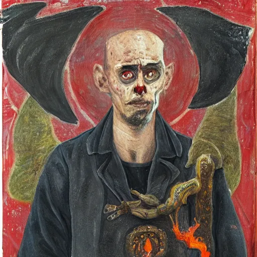 Image similar to portrait of alexander abdulov, with a red eyes, satanic body, head of old man, om blood of sinners, with background of ruined city, post - apocalyptic style, hellish style