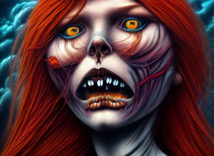 Image similar to realistic detailed image of a female Amazon warrior auburn hair blowing in an angry, stormy mountain top, anime art, anime, inspired by Mark Ryden and H.R. Giger and Zdzislaw Beksinski, gothic, rich deep colors. A masterpiece.