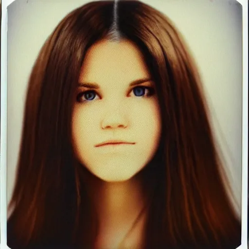 Image similar to a woman with long brown hair wearing a white shirt, a polaroid photo by bob ross, trending on tumblr, optical illusion, white background, shiny eyes, 3 d