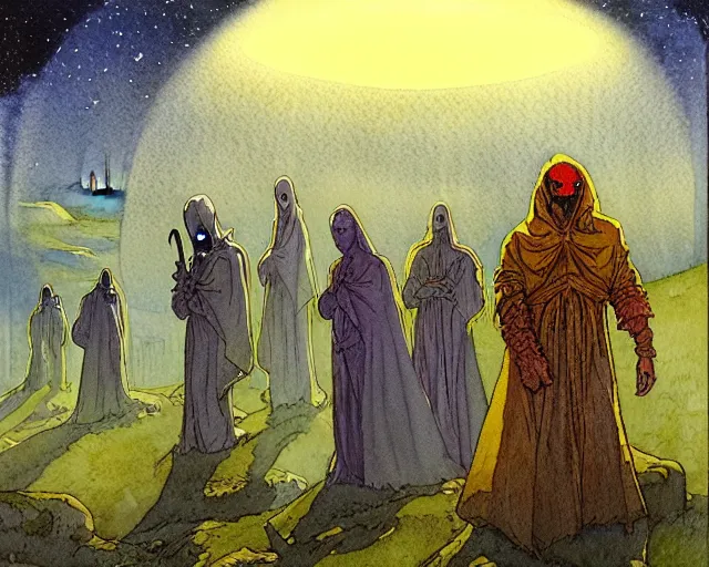 Prompt: a realistic and atmospheric watercolour fantasy character concept art portrait of a group of aliens wearing robes and emerging from the mist on the moors of ireland at night. a ufo is in the sky. by rebecca guay, michael kaluta, charles vess and jean moebius giraud