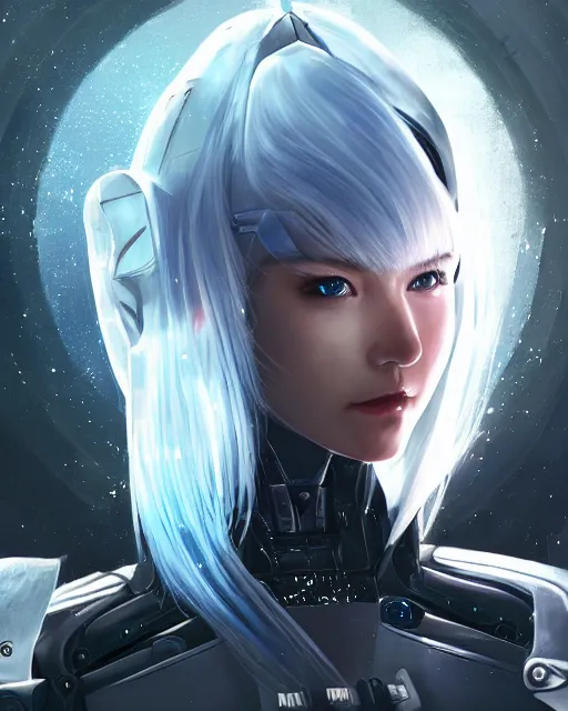 Image similar to detailed portrait of perfect android girl, warframe armor, beautiful face, scifi, futuristic, space station, laboratory, song hye - kyo, dreamy, long white hair, blue cyborg eyes, cinematic lighting, innocent, highly detailed, sharp focus, smooth, artstation, intricate, award winning, pure aura, divine, by akihiko yoshida