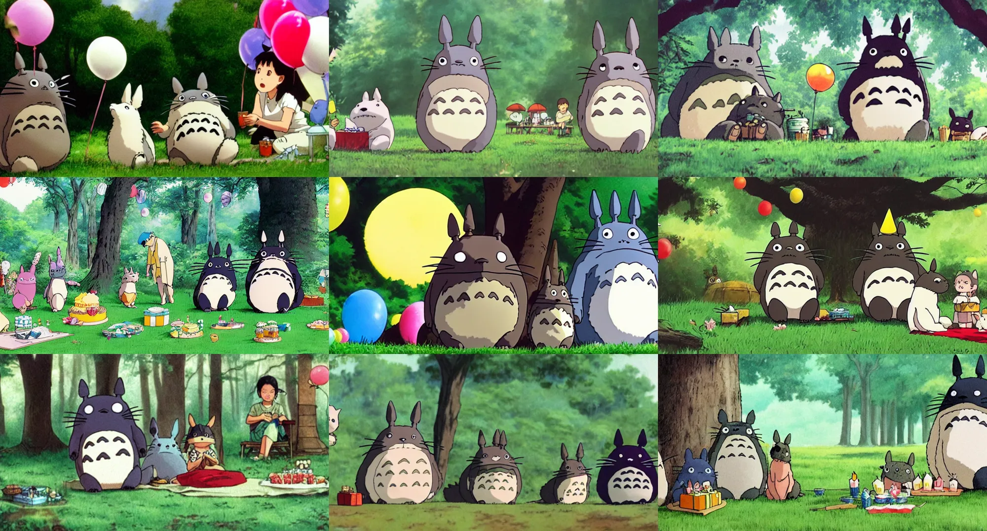 Prompt: wide shot film still of totoro at a birthday party, forest picnic, sunny, a dalmatian puppy, festive high detail