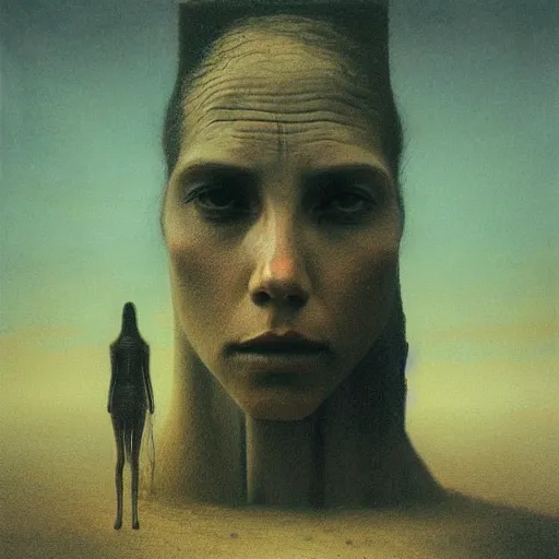 Prompt: a woman standing in front of a giant man, an ultrafine detailed painting by beksinski, cgsociety, massurrealism, dystopian art, redshift, fractalism