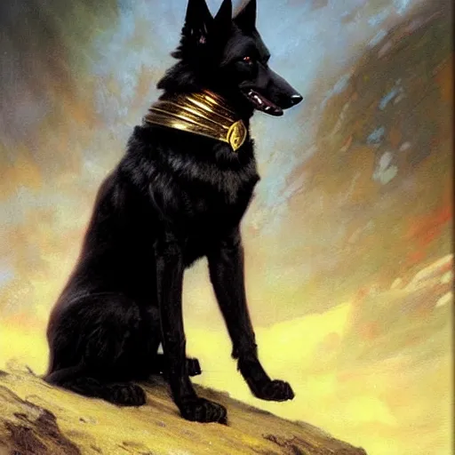 Image similar to a portrait of a black german shepard dogman canine star trek officer. highly detailed painting by gaston bussiere, craig mullins, j. c. leyendecker, furry