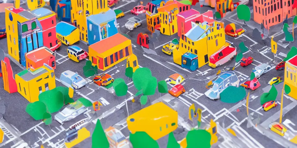 Image similar to paper craft diorama of a colorful city with people and cars