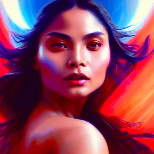 Image similar to lovi poe as darna, volumetric lights, red and cyan theme, art nouveau botanicals, intricate, highly detailed, digital painting, artstation, concept art, smooth, sharp focus, cinematic, illustration, beautiful face, art by artgerm and greg rutkowski and alphonse mucha