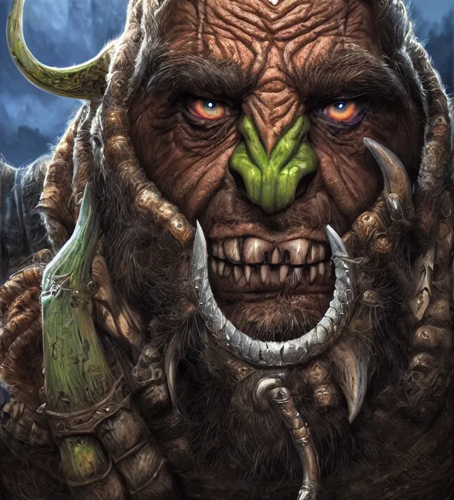 Image similar to full face portrait of an orc, detailed eyes, tusks, fantasy, intricate, highly detailed, digital painting, 4 k, hdr, concept art, smooth, sharp focus, illustration, by wayne reynolds, world of warcraft