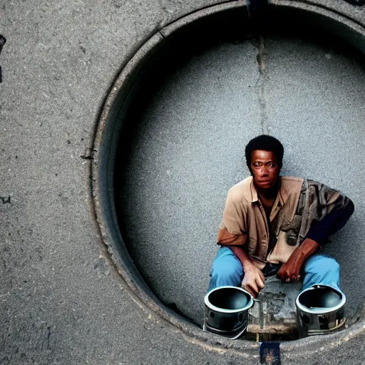 Prompt: closeup portrait of a fisherman fishing next to a manhole in a smoky new york street, by Annie Leibovitz and Steve McCurry, natural light, detailed face, CANON Eos C300, ƒ1.8, 35mm, 8K, medium-format print