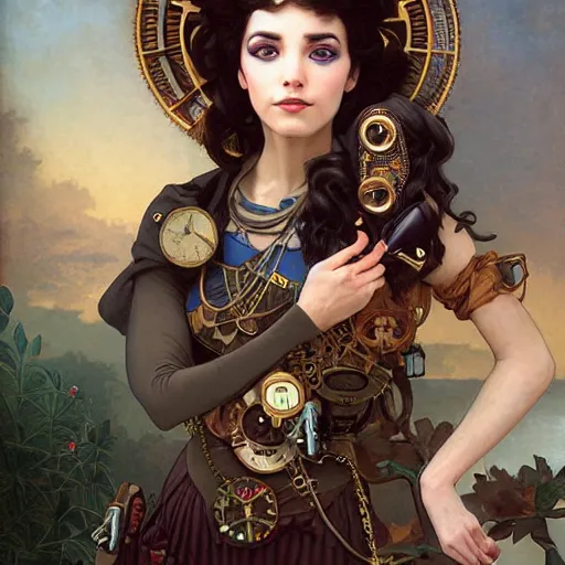 Image similar to a portrait painting of a steampunk fantasy lady, highly detailed, art by tristan eaton and artgerm and william - adolphe bouguereau