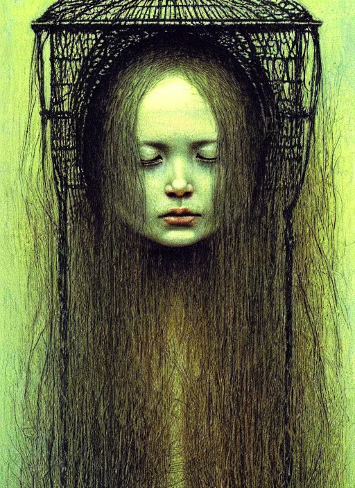 Image similar to girl with long hairs inside birdcage by Beksinski