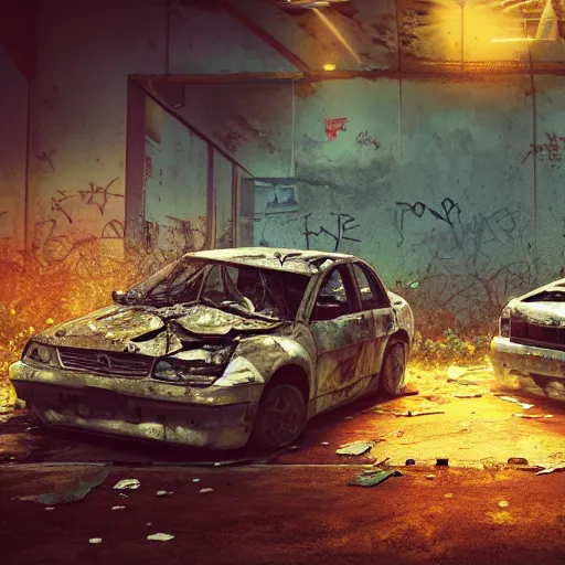 Image similar to two car wrecks on top of eachother, rusty, with graffiti of sun flowers on them, torn, war, realistic photo, octane render, cinematic lightning, 8 k, volumetric illumination