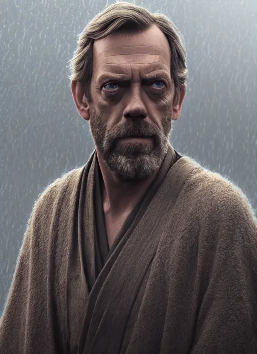 Image similar to hugh laurie as obi vam kenobi, long sleeve, confident, fog, rain, volumetric lighting, sharp focus, ultra detailed, cgsociety by leesha hannigan, ross tran, thierry doizon, kai carpenter, ignacio fernandez rios, noir art house,