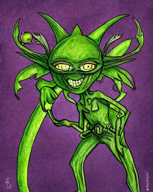 Prompt: leprechaun alien, extraterrestrial creature design based on celtic mythology, irish charm, fairy alien, science fantasy illustration