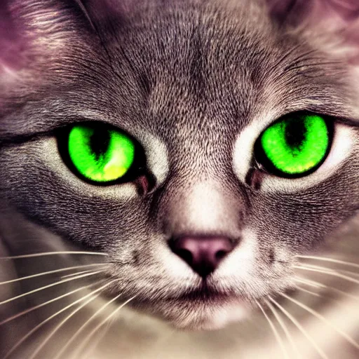 Image similar to portrait of grey cat with big green eyes in the space with nebulae, realistic painting, high definition, digital art, matte painting, very detailed, realistic