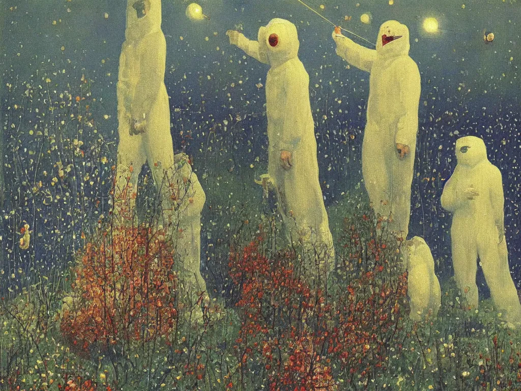 Prompt: man in white beekeeper polar bear suit with fireflies in the thorn garden, small devil creatures. painting by mikalojus konstantinas ciurlionis, bosch, max ernst, agnes pelton, rene magritte