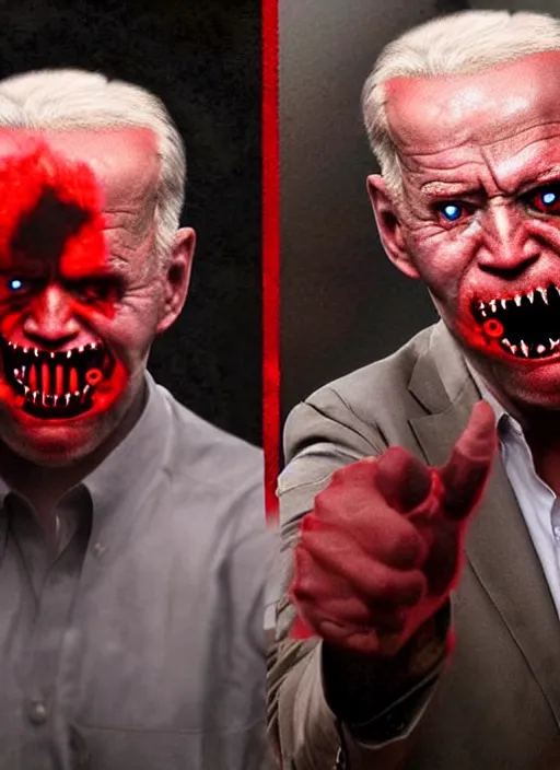 Image similar to hyper realistic terror photo Doom horror furious glowing red eyes biden