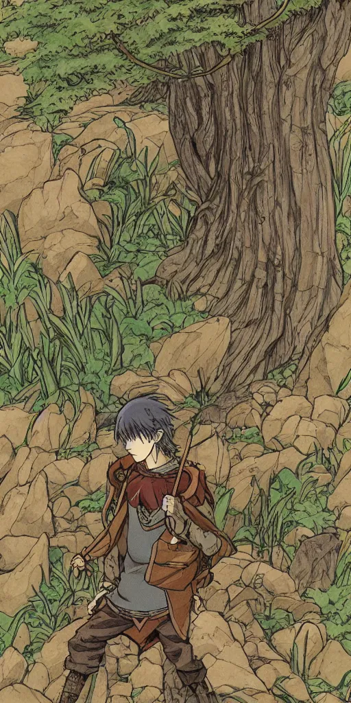Prompt: an wood elf boy on the mountain side, anime style, tarot card, Tarot card the fool, fine line work, full color, earth tones, drawn by Hayao Miyazaki