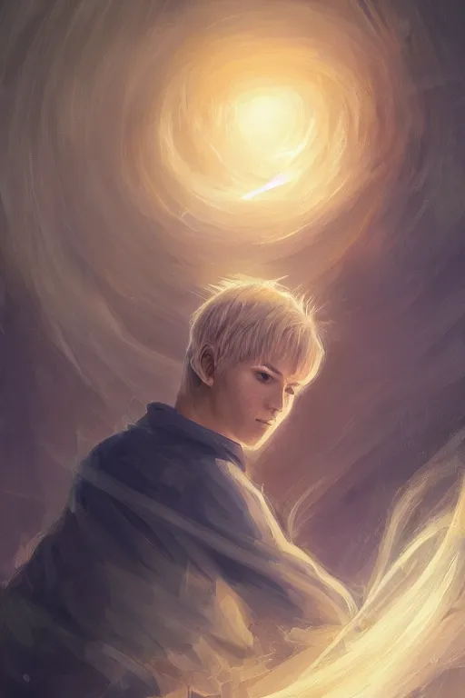 Prompt: young man with short blond hair, looking downwards, magical swirls, magical light, magical atmosphere, depression, painterly, highly detailed, 8 k, digital art trending on artstation, hyper detailed, graphic novel