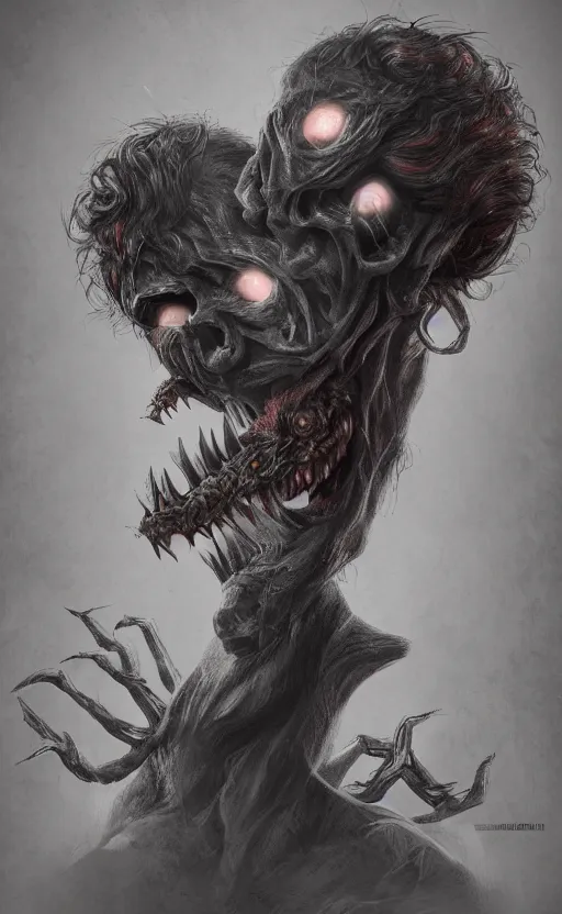 Image similar to full body portrait of of a two headed monster smiley creepily, dynamic lighting, photorealistic, fantasy concept art, ambient lighting, atmospherical, stunning visuals, creative, cinematic, ultra detailed, trending on art station