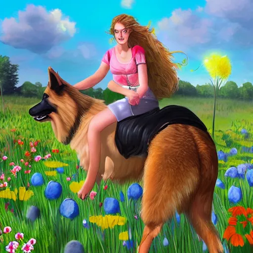 Image similar to girl riding a giant German shepherd in a field of flowers, trending on artstation