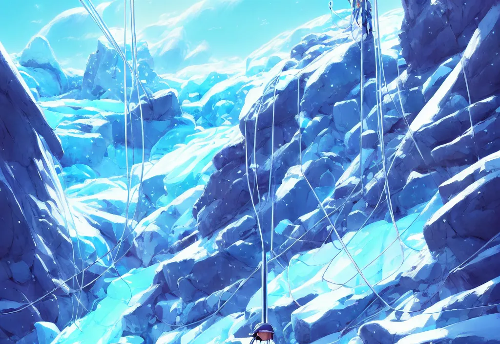 Prompt: futuristic electric pole and chunky wires on a glacier, ice, rocks, snowfall, intricate oil painting, high detail illustration, sharp high detail, manga and anime 1 9 9 9, official fanart behance hd artstation by jesper ejsing and makoto shinkai, 4 k,