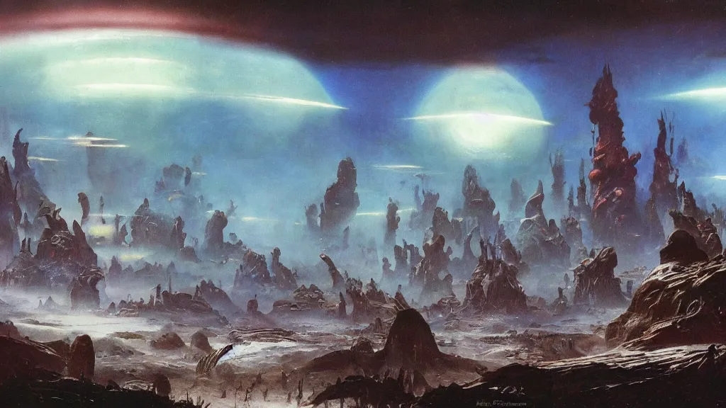 Image similar to eerie alien planet empire by frank frazetta and bruce pennington, cinematic matte painting
