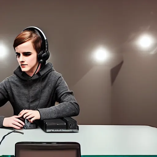 Image similar to model emma watson rgb keyboard wearing a gaming headset wearing hoodie sitting on gaming chair at desk dramatic lighting controller award winning photo