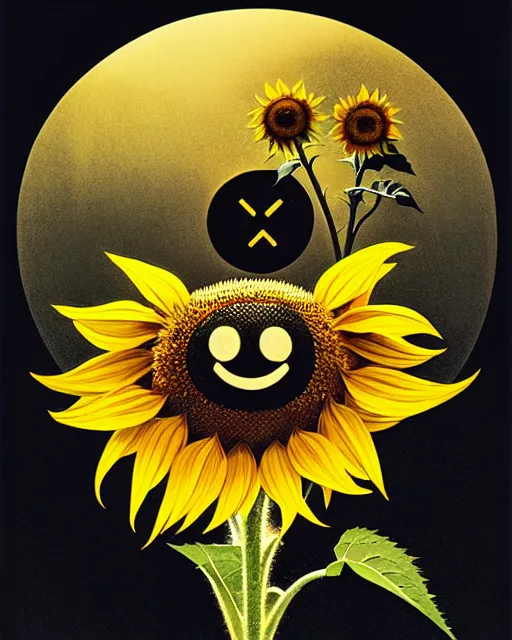 Image similar to sunflower with a smiley face in the central, cinematic, dramatic, powerful, super detailed and intricate, by koson ohara, by darwyn cooke, by greg rutkowski, by satoshi kon