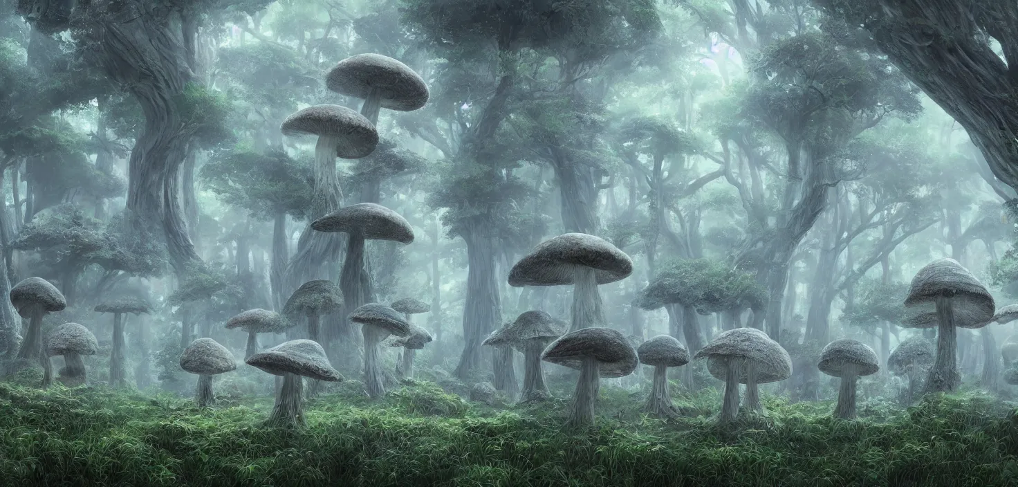 Image similar to a distant dense forest of giant bismuth mutated mushrooms, intricate, highly detailed, organic, volumetric fog, concept art, masterpiece