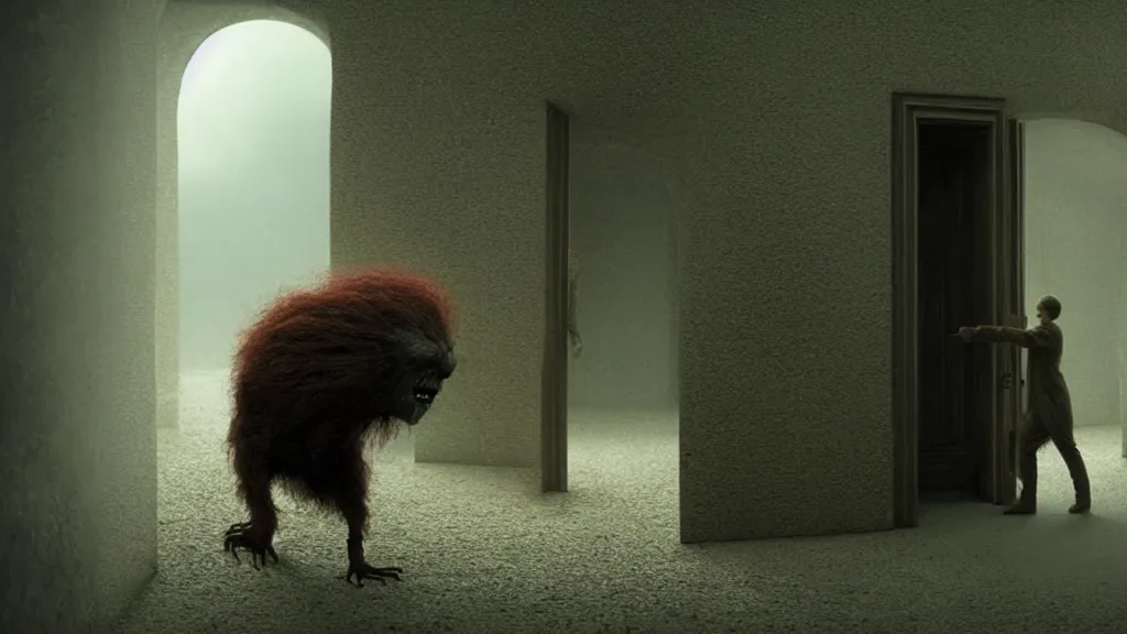 Prompt: a strange creature pulls a door, film still from the movie directed by Denis Villeneuve with art direction by Zdzisław Beksiński,