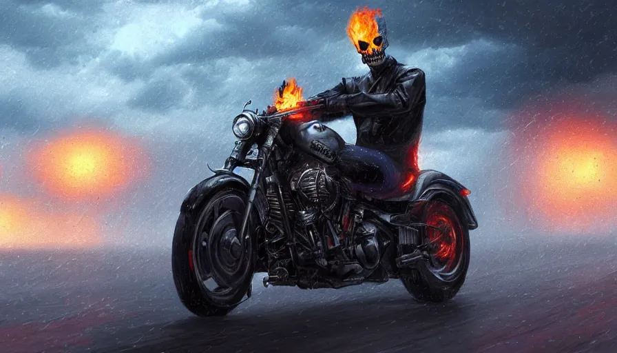 Image similar to Ghost Rider riding on the highway during a thunderstorm, hyperdetailed, artstation, cgsociety, 8k