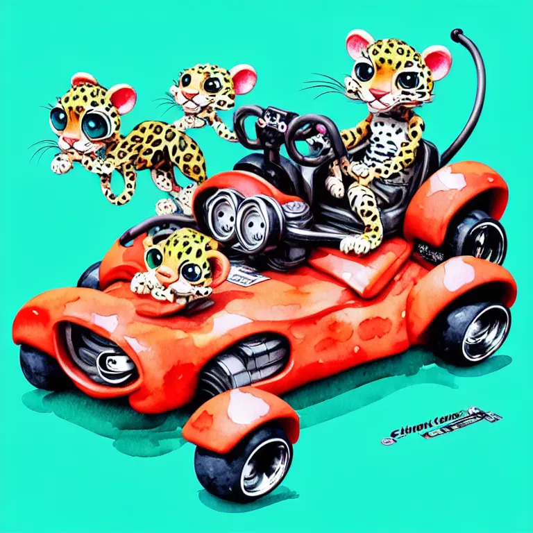 Image similar to cute and funny, baby leopard riding in a tiny go kart with oversized engine, ratfink style by ed roth, centered award winning watercolor pen illustration, isometric illustration by chihiro iwasaki, edited by range murata, tiny details by artgerm and watercolor girl, symmetrically isometrically centered