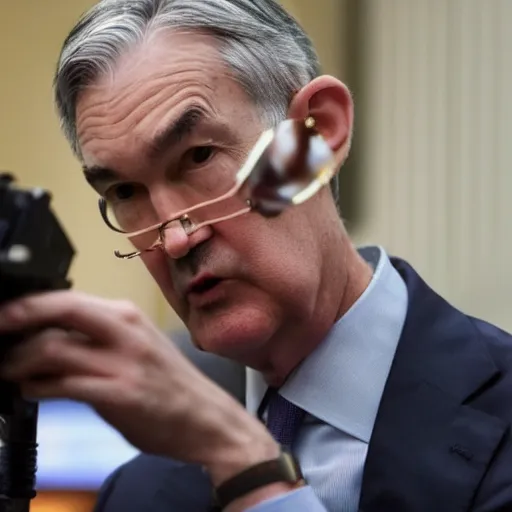 Image similar to detailed photo of Jerome Powell using a flamethrower