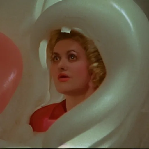 Prompt: still from a 1994 arthouse film about a depressed housewife dressed as a squishy inflatable toy who meets a handsome younger man in a seedy motel room, color film, 16mm soft light, weird art on the wall