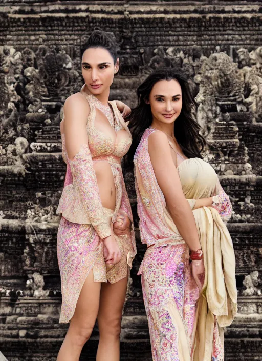 Image similar to portrait of gal gadot and lindsey pelas wearing kebaya in bali temple, by charlotte grimm, natural light, detailed face, beautiful features, symmetrical, canon eos c 3 0 0, ƒ 1. 8, 3 5 mm, 8 k, medium - format print, half body shot