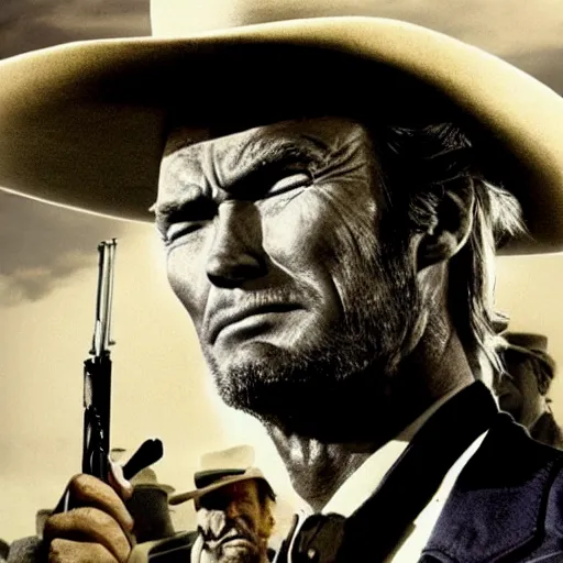 Prompt: donald trump as clint eastwood squinting at high noon in the style of a clint eastwood movie, the good, the bad and the ugly, clint eastwood, steven seagal, bud spencer, donald trump, glory days, american flag, patriotism