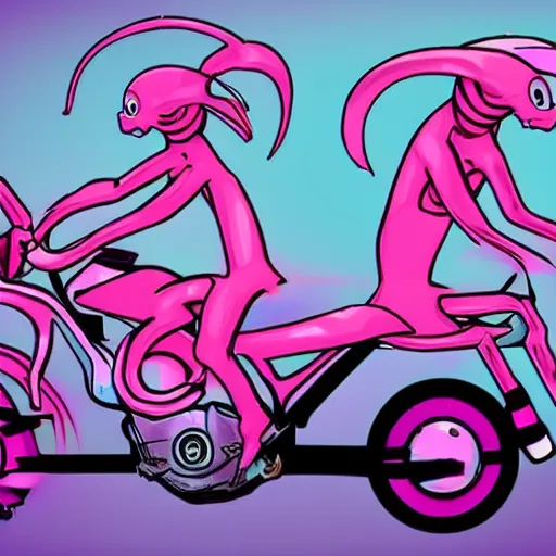 Image similar to humanoid pink female Squid creatures riding a motorcycle fast