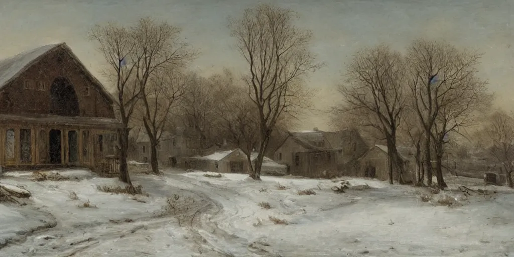 Image similar to a house during a severe winter, by george henry durrie