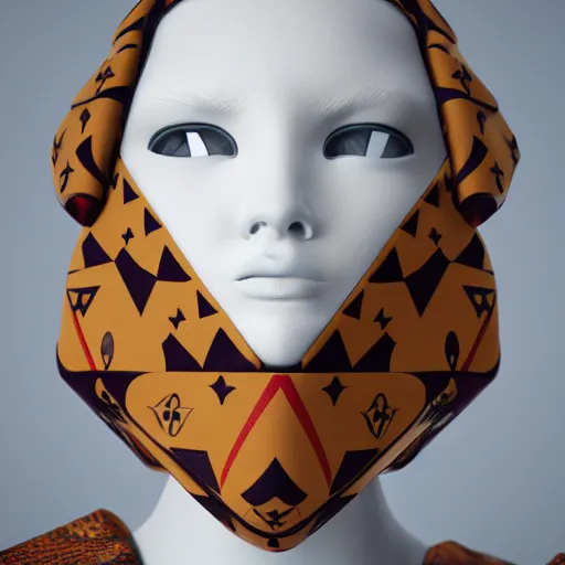 Image similar to portrait of masked dune dynasty with louis vuitton clothes, white background, louis vuitton logo, 8 k, symmetrical, 3 d render, octane render, insane details
