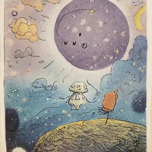 Image similar to night sky, stars, literally smiling moon with happy eyes prominently in the center, surrounded by clouds, landscape, illustrated by peggy fortnum and beatrix potter and sir john tenniel