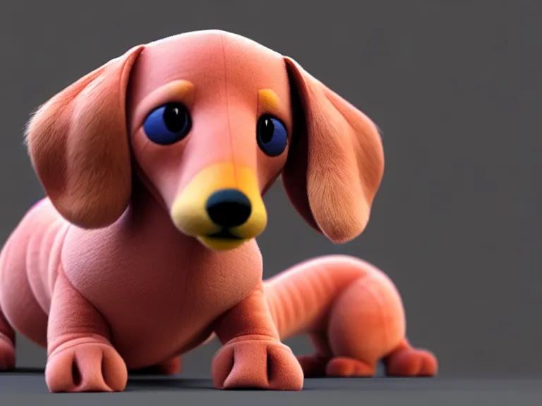 Image similar to high quality 3 d render hyperrealist very cute very fluffy smooth dachshund plush mascot, photo from the side, multi pastel colors, vray, smooth background, artstation, ultra detailed