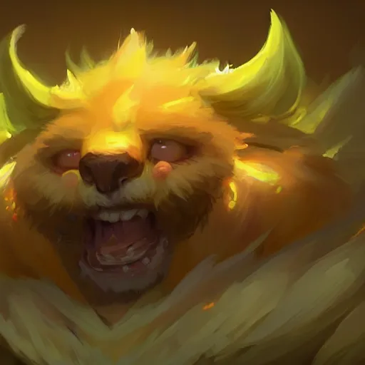 Image similar to a super cute glowing fluffy beast, yellow theme, bright art masterpiece artstation. 8 k, sharp high quality artwork in style of jose daniel cabrera pena and greg rutkowski, concept art by tooth wu, blizzard warcraft artwork, hearthstone card game artwork, cute animal