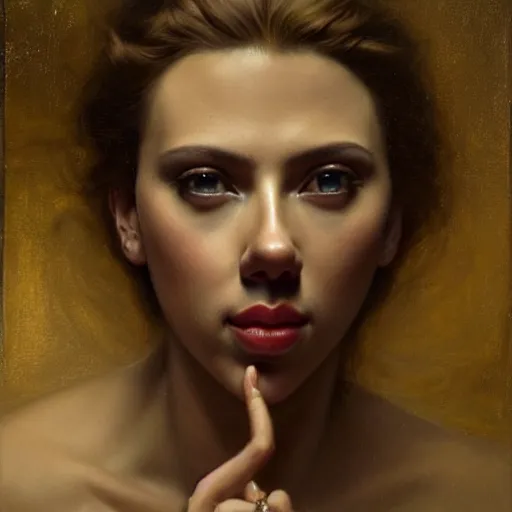 Prompt: highly detailed oil painting | very intricate | cinematic lighting | award - winning | portrait of scarlett johansson | by roberto ferri, by tom bagshaw, by j. c. leyendecker and klimt, american romanticism, by austin osman spare, artstation, cgsociety, official art, octane