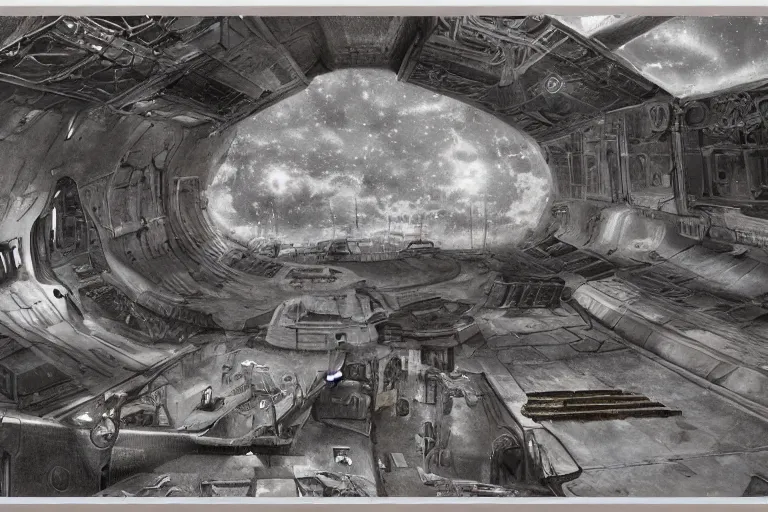 Image similar to matte painting of an outside view of abandoned space station in the deep space