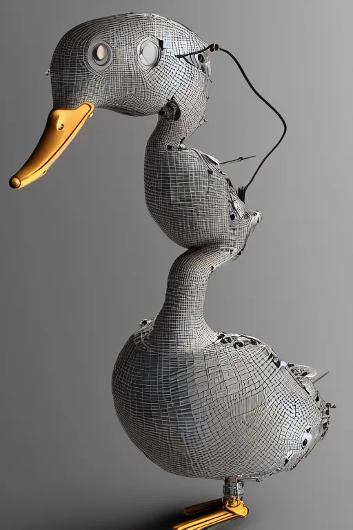 Image similar to robot duck concept portrait, visible screws and wires, 3 d metallic ceramic, detailed, sharp focus, pastel, intricate, realistic, smooth, volumetric lighting, digital painting, by miyazaki