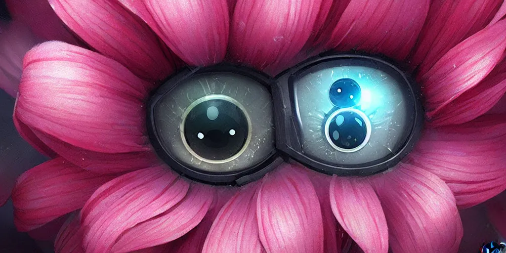 Image similar to close up of a beautiful flower with robot eyes in the middle by Greg rutkowski